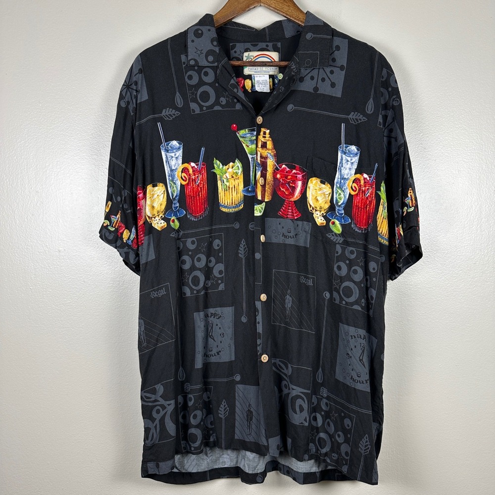 Paradise Found Men's Large Shirt Black Cocktail Tiki Rayon Made in Hawaii